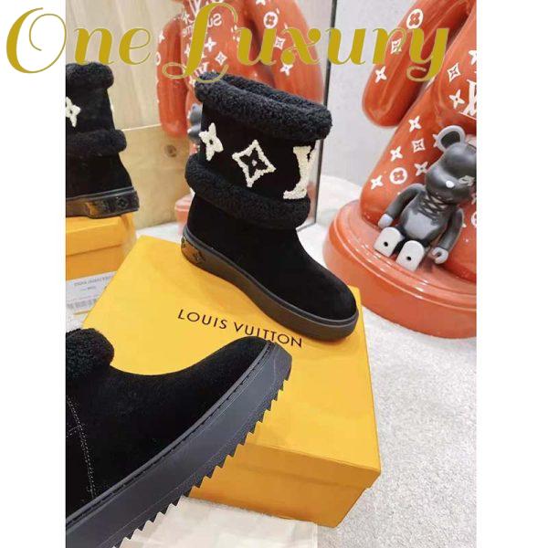 Replica Louis Vuitton LV Women Snowdrop Flat Ankle Boot Cognac Black Suede Calf Shearling 9
