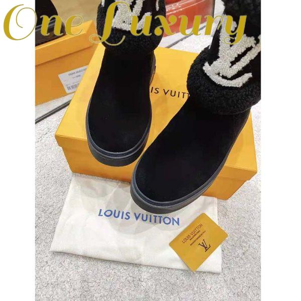 Replica Louis Vuitton LV Women Snowdrop Flat Ankle Boot Cognac Black Suede Calf Shearling 10