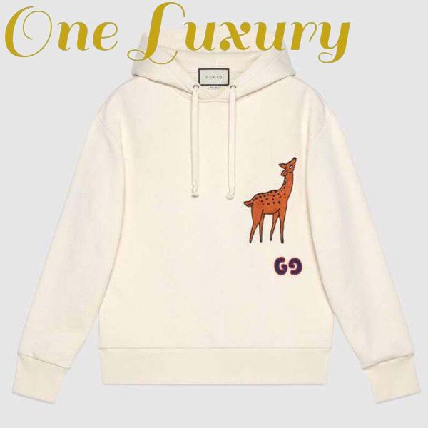 Replica Gucci Men Hooded Sweatshirt with Deer Patch in 100% Cotton-White 2