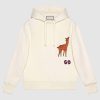 Replica Gucci Women Hooded Sweatshirt with Deer Patch in 100% Cotton-White