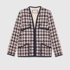 Replica Gucci Women Houndstooth Wool Cropped Cardigan Crew Neck Red and Black 16
