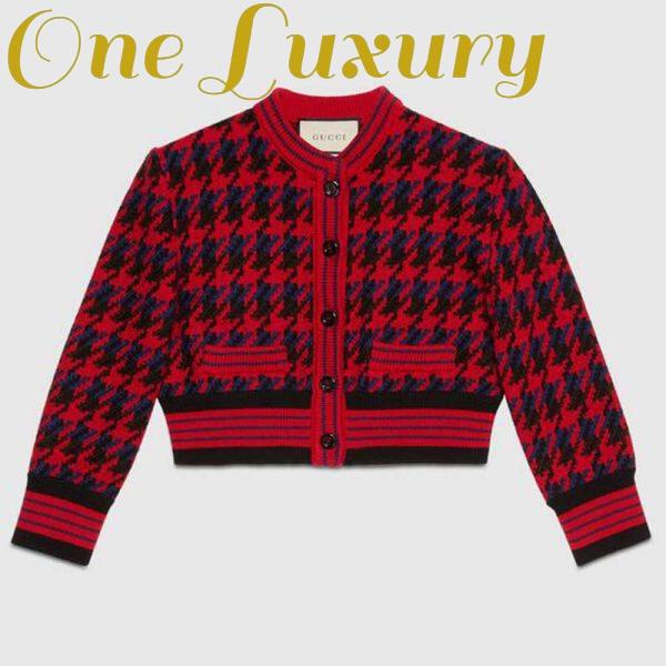 Replica Gucci Women Houndstooth Wool Cropped Cardigan Crew Neck Red and Black