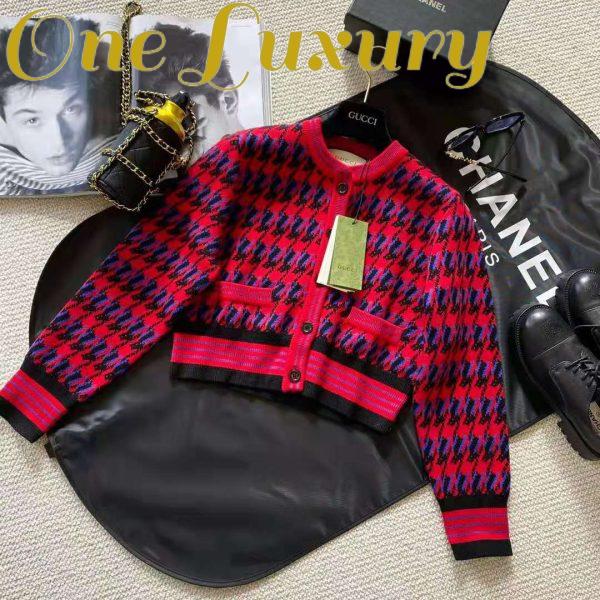 Replica Gucci Women Houndstooth Wool Cropped Cardigan Crew Neck Red and Black 3