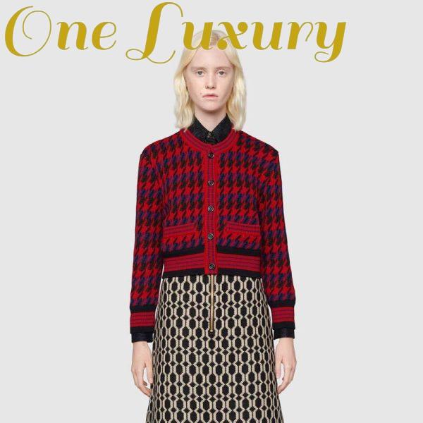 Replica Gucci Women Houndstooth Wool Cropped Cardigan Crew Neck Red and Black 13