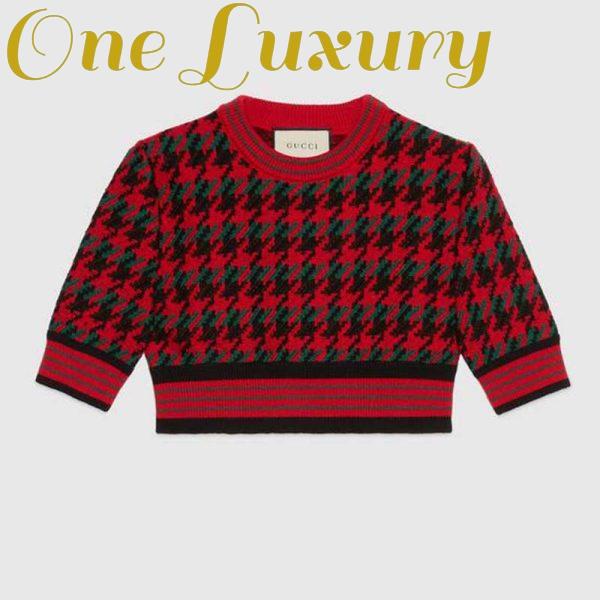 Replica Gucci Women Houndstooth Wool Cropped Sweater Crew Neck Cropped Shape Red and Black 2