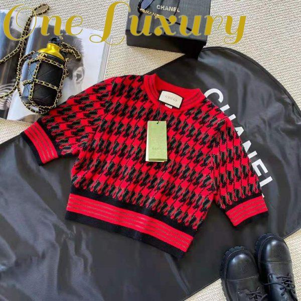 Replica Gucci Women Houndstooth Wool Cropped Sweater Crew Neck Cropped Shape Red and Black 3