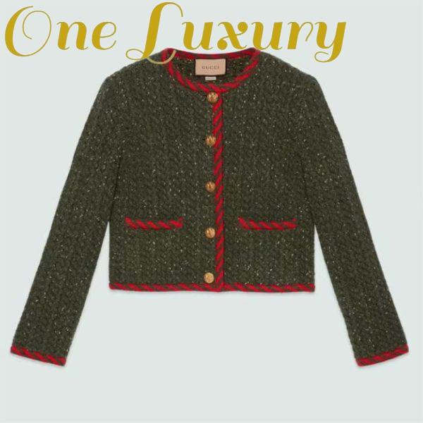 Replica Gucci Women GG Cable Knit Wool Jacket Dark Green Cable Knit Wool Green Red Stripe