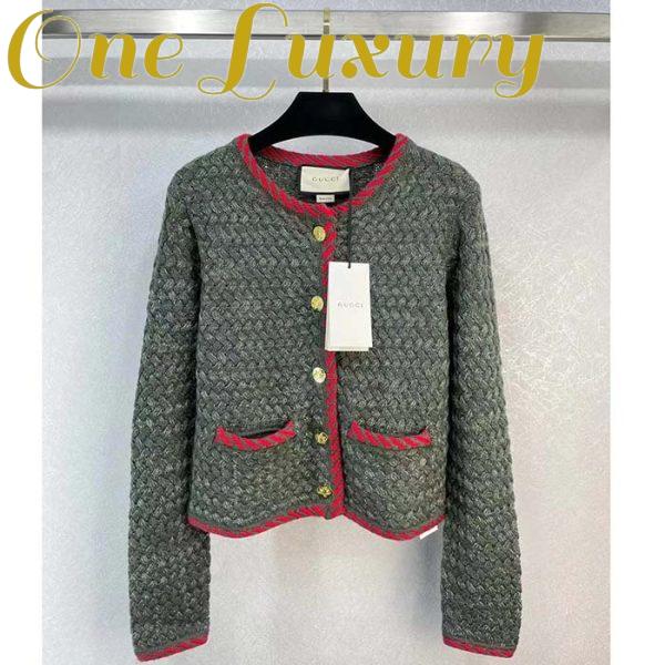 Replica Gucci Women GG Cable Knit Wool Jacket Dark Green Cable Knit Wool Green Red Stripe 3