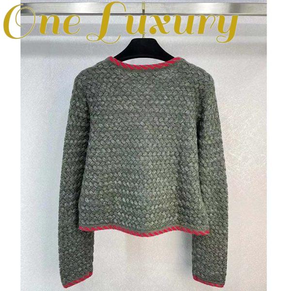 Replica Gucci Women GG Cable Knit Wool Jacket Dark Green Cable Knit Wool Green Red Stripe 4