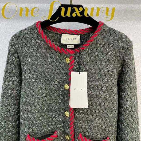 Replica Gucci Women GG Cable Knit Wool Jacket Dark Green Cable Knit Wool Green Red Stripe 5