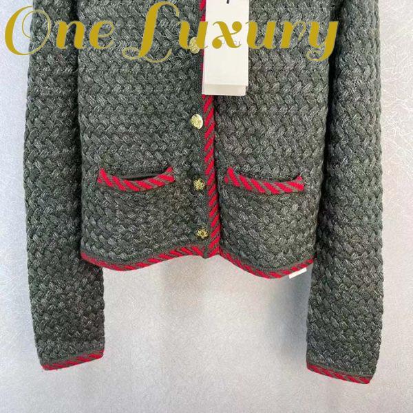 Replica Gucci Women GG Cable Knit Wool Jacket Dark Green Cable Knit Wool Green Red Stripe 6