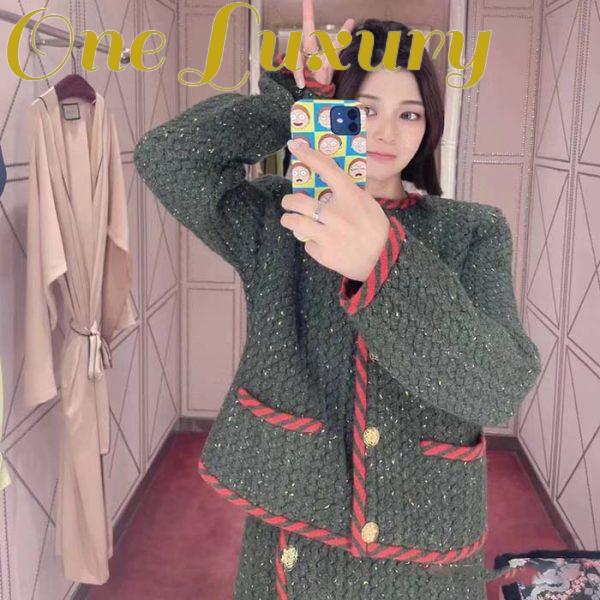 Replica Gucci Women GG Cable Knit Wool Jacket Dark Green Cable Knit Wool Green Red Stripe 9