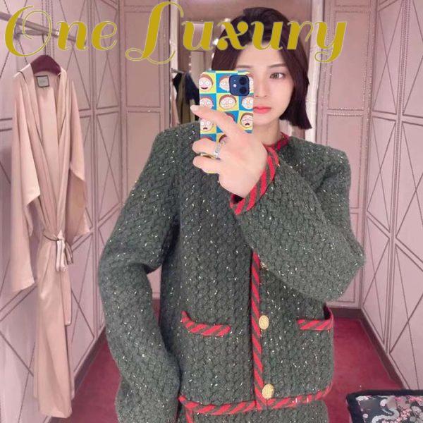 Replica Gucci Women GG Cable Knit Wool Jacket Dark Green Cable Knit Wool Green Red Stripe 10