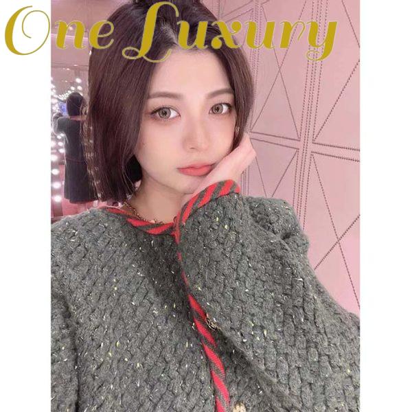 Replica Gucci Women GG Cable Knit Wool Jacket Dark Green Cable Knit Wool Green Red Stripe 11