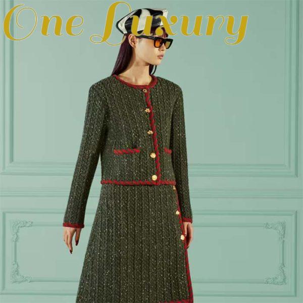 Replica Gucci Women GG Cable Knit Wool Jacket Dark Green Cable Knit Wool Green Red Stripe 13