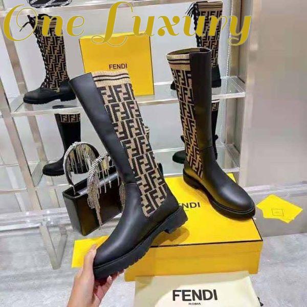 Replica Fendi Women Rockoko Black Leather Ankle Boots with Stretch Fabric 5