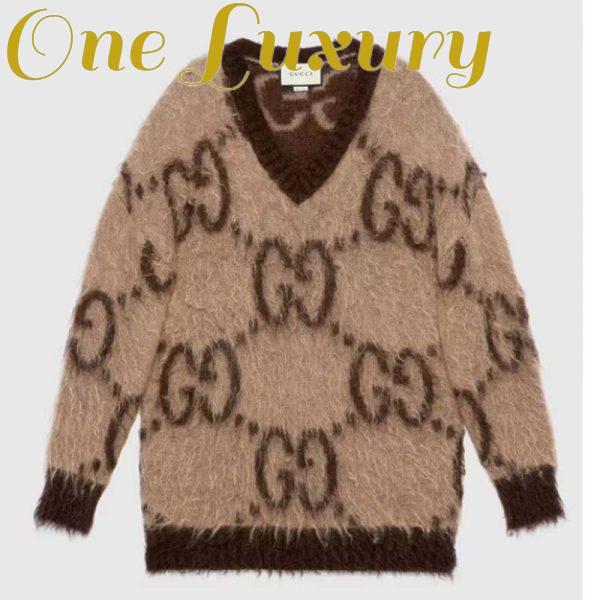 Replica Gucci Women GG Mohair Wool V-Neck Sweater Beige Brown