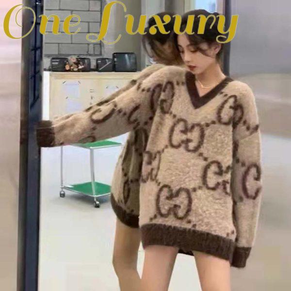 Replica Gucci Women GG Mohair Wool V-Neck Sweater Beige Brown 12