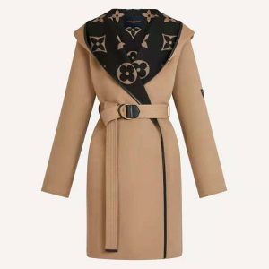 Replica Louis Vuitton Women Giant Monogram Jacquard Wrap Coat in Camel Wool Regular Fit