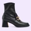 Replica Gucci Women Boot Horsebit Brown Smooth Stretch Leather Gold Plated Block Mid Heel 14