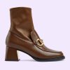 Replica Gucci Women Boot Horsebit Brown Smooth Stretch Leather Gold Plated Block Mid Heel