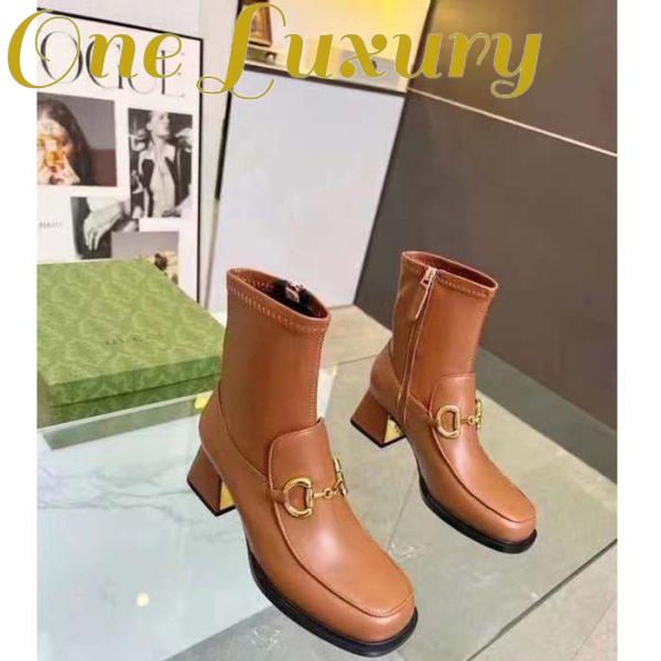 Replica Gucci Women Boot Horsebit Brown Smooth Stretch Leather Gold Plated Block Mid Heel 3