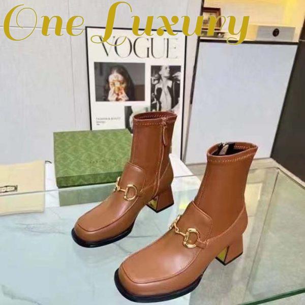 Replica Gucci Women Boot Horsebit Brown Smooth Stretch Leather Gold Plated Block Mid Heel 4