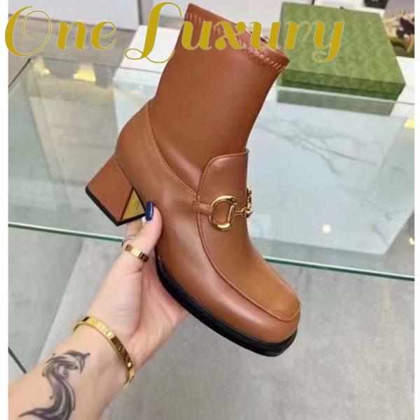 Replica Gucci Women Boot Horsebit Brown Smooth Stretch Leather Gold Plated Block Mid Heel 5