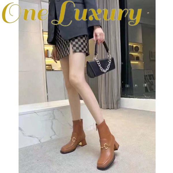 Replica Gucci Women Boot Horsebit Brown Smooth Stretch Leather Gold Plated Block Mid Heel 8