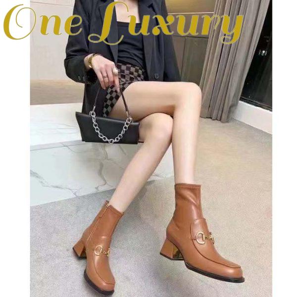 Replica Gucci Women Boot Horsebit Brown Smooth Stretch Leather Gold Plated Block Mid Heel 9