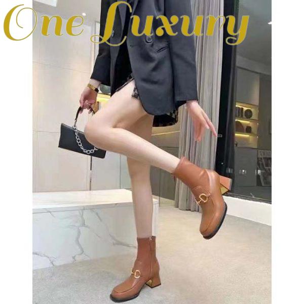 Replica Gucci Women Boot Horsebit Brown Smooth Stretch Leather Gold Plated Block Mid Heel 10