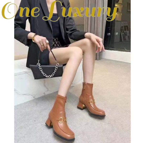 Replica Gucci Women Boot Horsebit Brown Smooth Stretch Leather Gold Plated Block Mid Heel 11