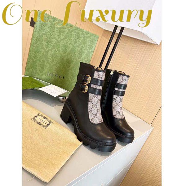 Replica Gucci Women GG Ankle Boot Buckles Black Leather Rubber Sole Mid-Heel 3