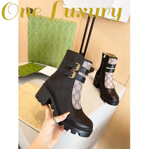 Replica Gucci Women GG Ankle Boot Buckles Black Leather Rubber Sole Mid-Heel 7