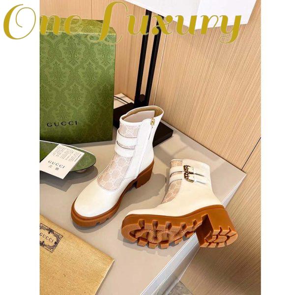 Replica Gucci Women GG Ankle Boot Buckles White Leather Rubber Sole Mid-Heel 4