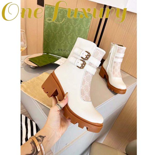 Replica Gucci Women GG Ankle Boot Buckles White Leather Rubber Sole Mid-Heel 8