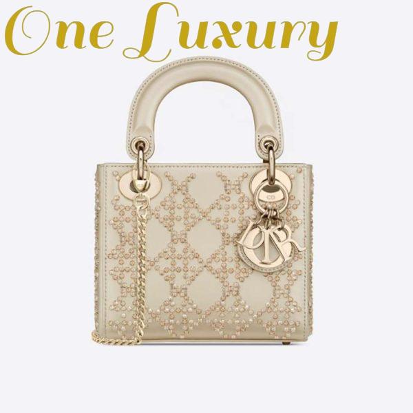 Replica Dior Women Mini Lady Dior Bag Metallic Cannage Calfskin Platinum Beaded Embroidery