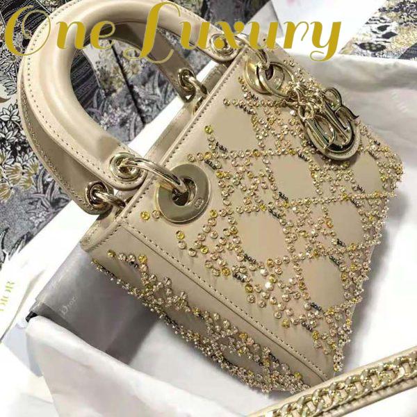 Replica Dior Women Mini Lady Dior Bag Metallic Cannage Calfskin Platinum Beaded Embroidery 4