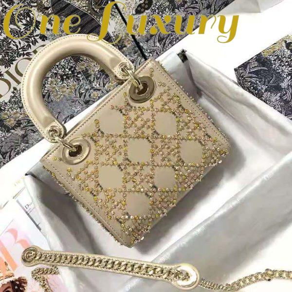 Replica Dior Women Mini Lady Dior Bag Metallic Cannage Calfskin Platinum Beaded Embroidery 5