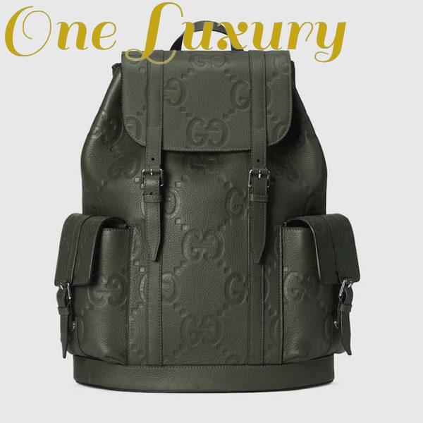 Replica Gucci Unisex Jumbo GG Backpack Dark Green Leather Cotton Linen Top Handle