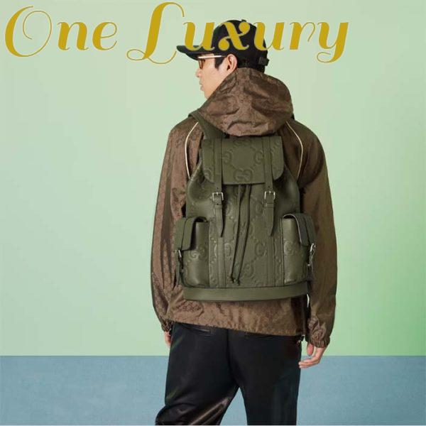 Replica Gucci Unisex Jumbo GG Backpack Dark Green Leather Cotton Linen Top Handle 12