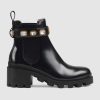 Replica Gucci Women Gucci Leather Ankle Boot with Sylvie Web in Black Leather 2.5 cm Heel 13