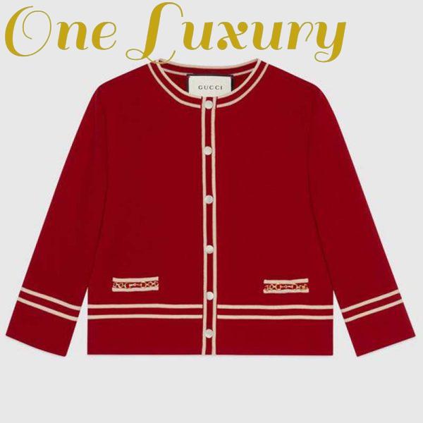 Replica Gucci Women Wool Jacket with Contrast Trim Besom Pockets Crew Neck-Red 2
