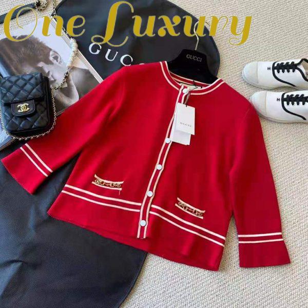 Replica Gucci Women Wool Jacket with Contrast Trim Besom Pockets Crew Neck-Red 3