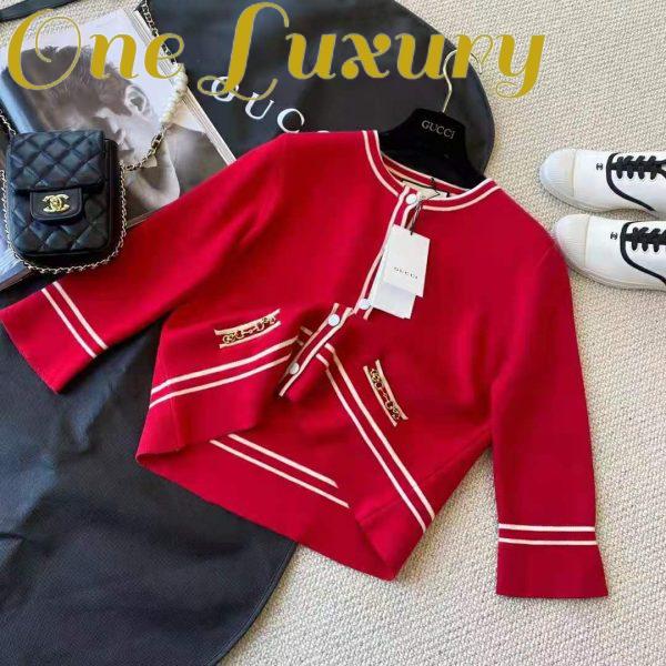 Replica Gucci Women Wool Jacket with Contrast Trim Besom Pockets Crew Neck-Red 4