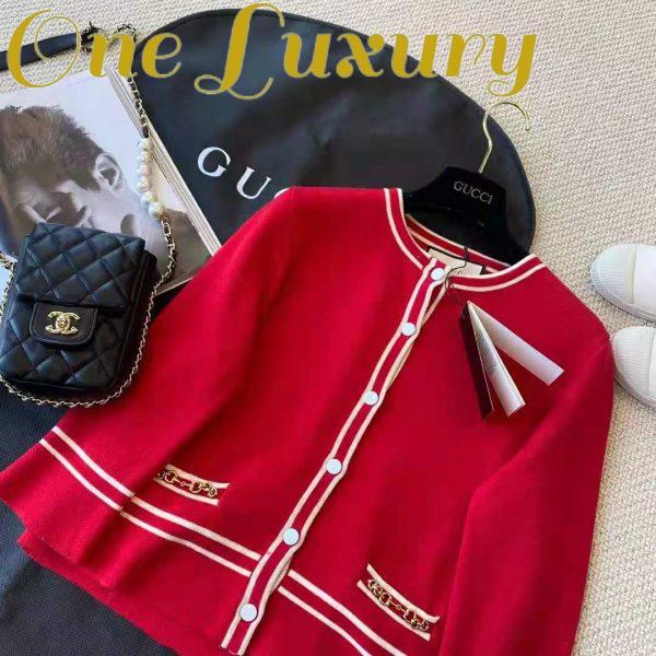 Replica Gucci Women Wool Jacket with Contrast Trim Besom Pockets Crew Neck-Red 5