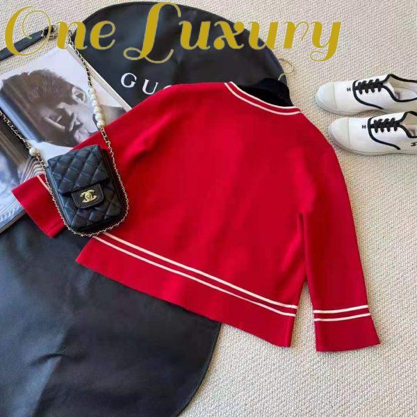 Replica Gucci Women Wool Jacket with Contrast Trim Besom Pockets Crew Neck-Red 6