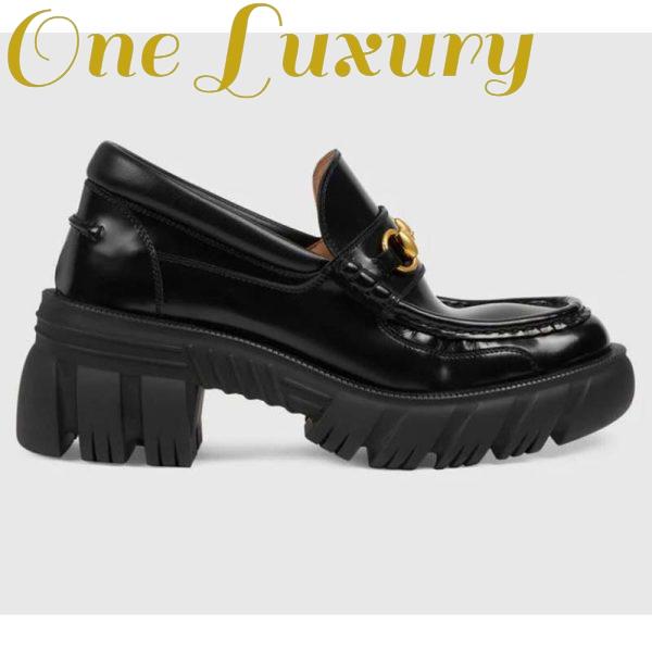 Replica Gucci Women Loafer with Horsebit Black Leather Rubber Lug Sole 4 cm Heel