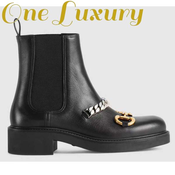 Replica Gucci Women’s Chelsea Boot Chain Black Leather Horsebit 3 cm Heel