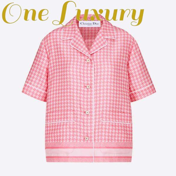 Replica Dior Women Chez Moi Short-Sleeved Shirt Peony Pink Silk Twill with Micro Houndstooth Motif